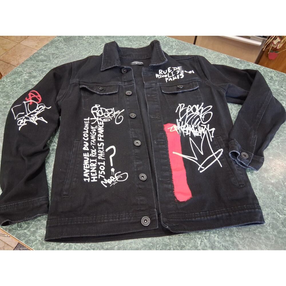 Maniere De Voir Mens M Graphic Black Denim Jacket White Red Graffiti Streetwear